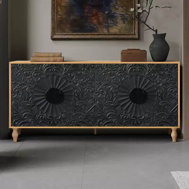Freestanding Sideboard Buffet Cabinet with Carved Flower Doors & Metal Handles - 63