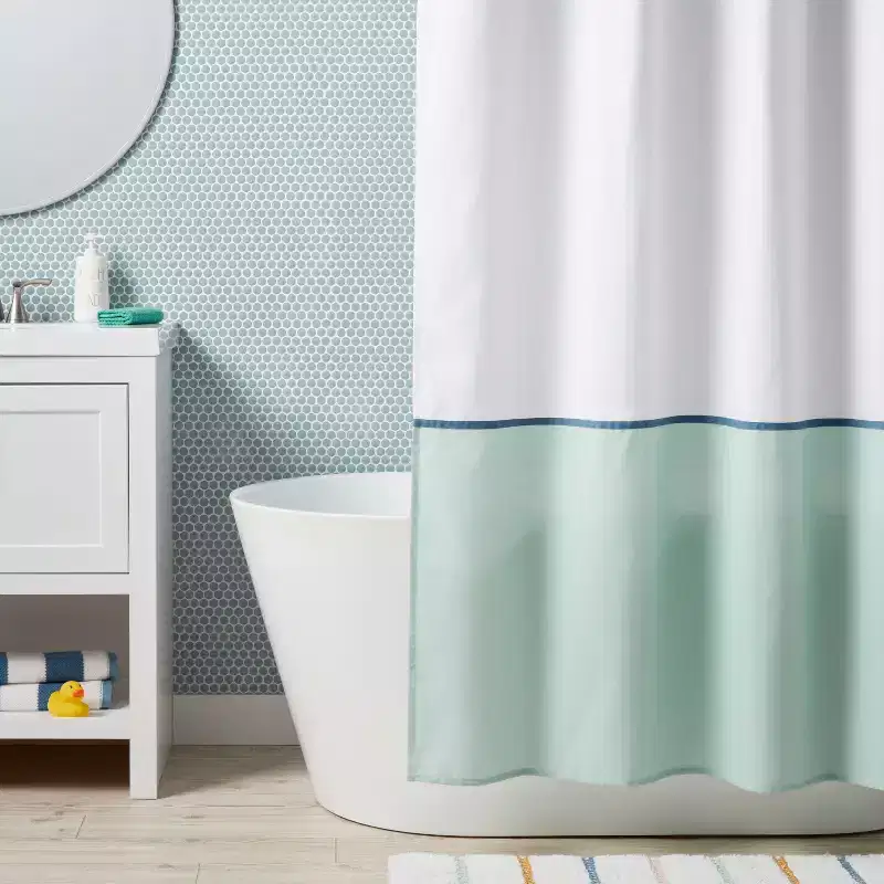 Kids' Shower Curtain White with Teal border - Pillowfort™: Abstract Twill, Green, OEKO-TEX Certified, 72"x72"