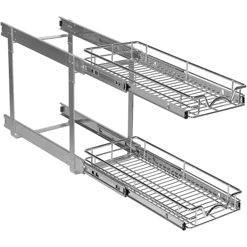 Pull Out Cabinet Organizer 2 Tier  Heavy Duty Metal with Lifetime Limited Warranty - Anti Rust Chrome Finish