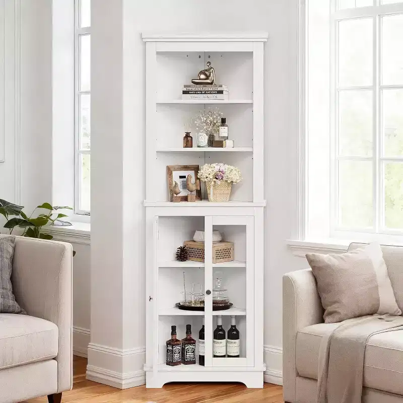 Corner Cabinet with Glass Doors, Adjustable Shelves Freestanding Tall Bathroom Kitchen Storage Cabinet for Small Spaces, White Modern Organizer