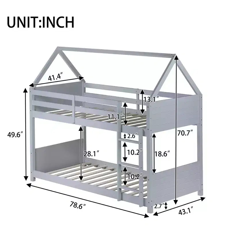 Bellemave Twin House Floor Bunk Bed with Headboards, Footboards and Guardrails, Ladder, Rubber Wood Bunk Bed with Safety Guardrails,Light Grey