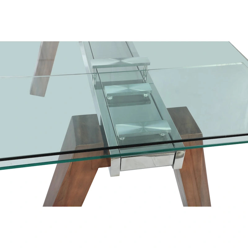 Extendable Glass-Top Dining Table with Solid Wood Legs