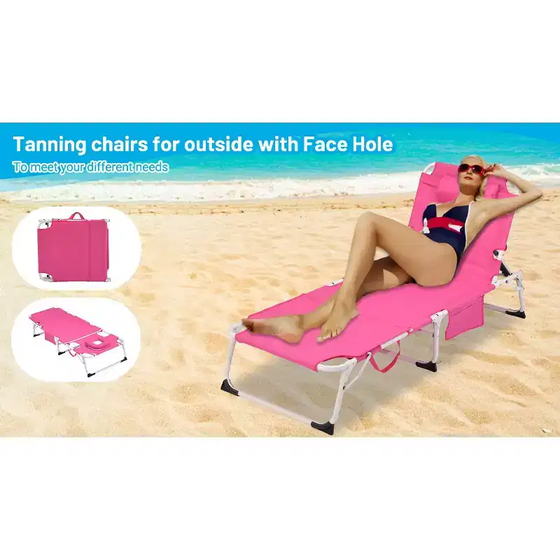 3-in-1 heavy-duty sun lounger with face mask, 5-position adjustable folding recliner, suitable for outdoor portable flat beach loungers