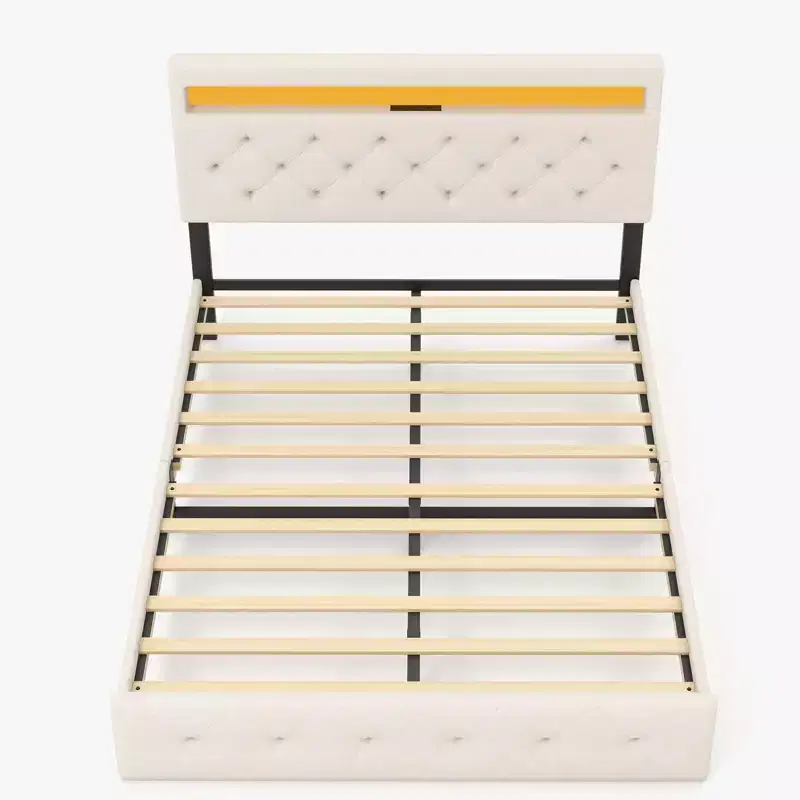Platform Bed Frame, Modern Upholstered Bed Frame with Adjustable Headboard, Built-In Charging Station, Diamond Stitched Button Tufted