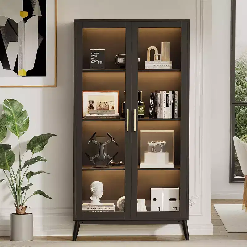 Glass Display Cabinet, 4-Tier Curio Cabinets, Display Case with Human Body Sensor, Corner Storage Cabinet for Collectibles/Toys/Books