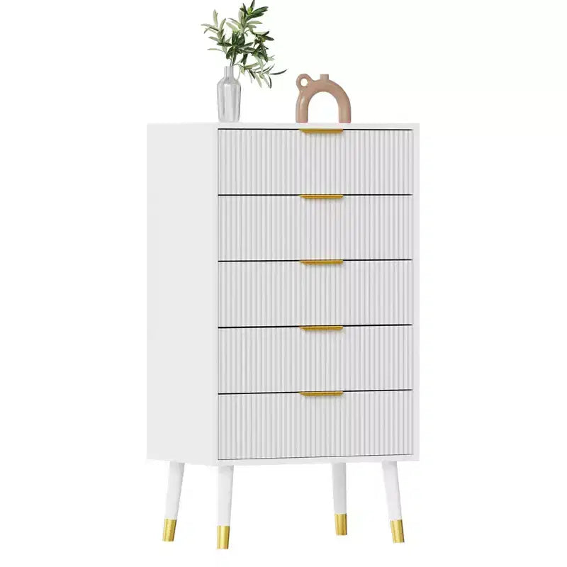 Fluted Entryway Storage Cabinets Set of 2, 5 Drawer Black Wood Dressers, Gold Metal Handles, Nightstands for Bedroom, Living Room, Entryway, White