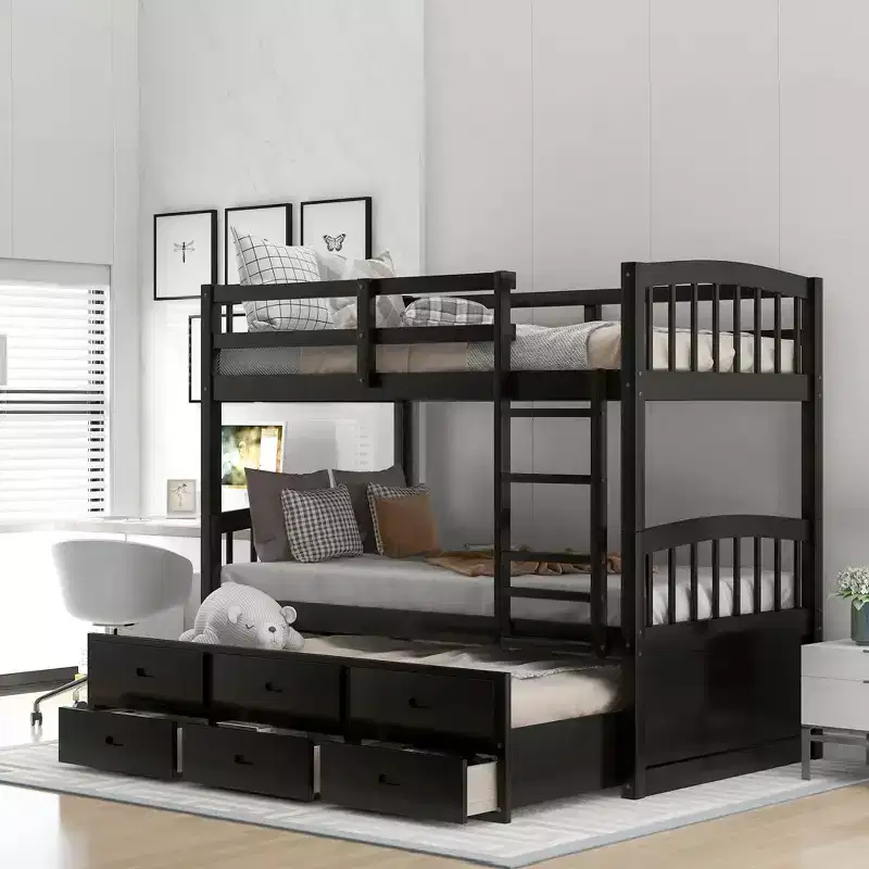 Twin over Twin Wood Bunk Bed with Ladder, Trundle & 3 Drawers – 400 lbs