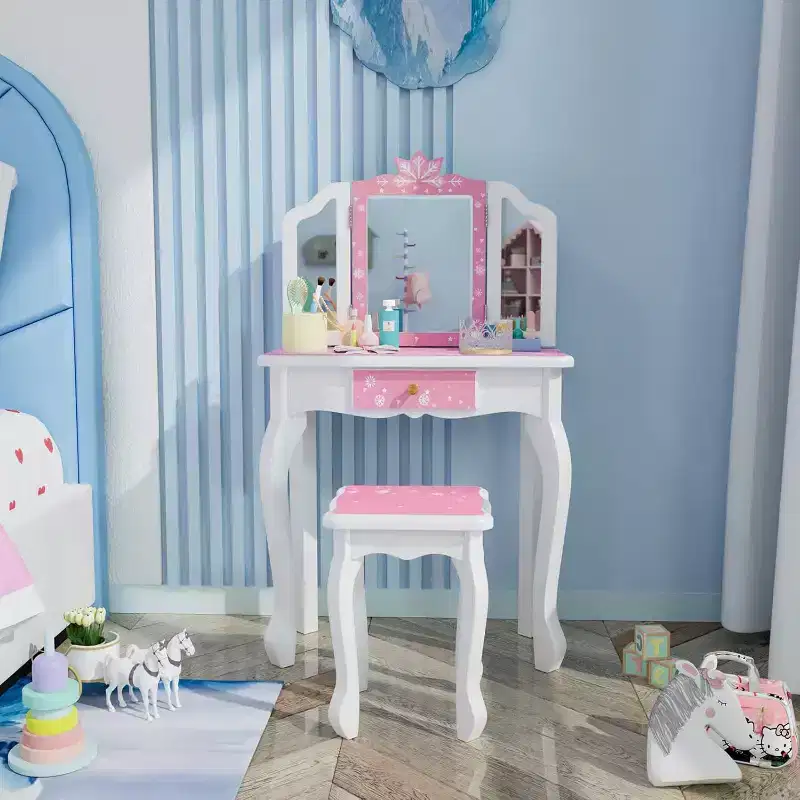 Kids Vanity Set, Wooden Princess Makeup Table with Stool, Tri-Folding Mirror, Large Drawer and Solid Wooden Legs, Pink