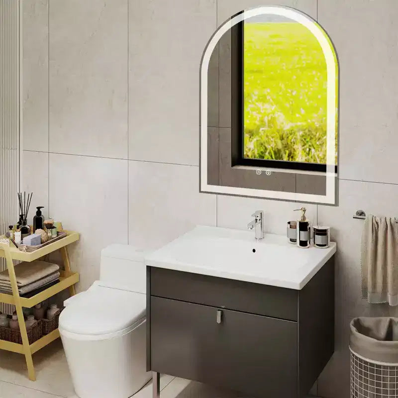 MAYEERTY 20x28 Inch Arched LED Bathroom Mirror with Charging, Anti-fog 3-Color Memory Dimming Dual Light