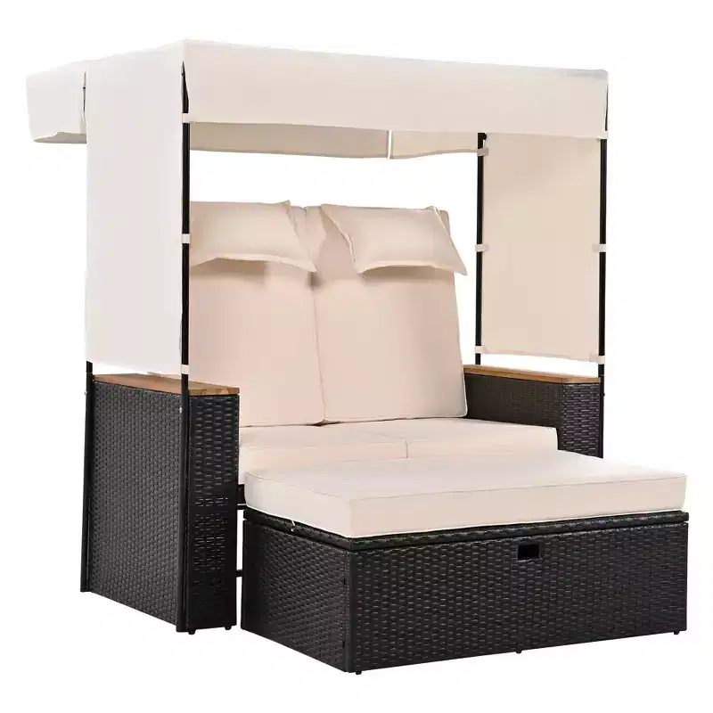 Clihome 2-Piece Outdoor Rattan Daybed, Outdoor Bed with 5 Positions, Outdoor Loveseat Patio Sofa with Bench Lounge Roof Set and Cushions for Poolside