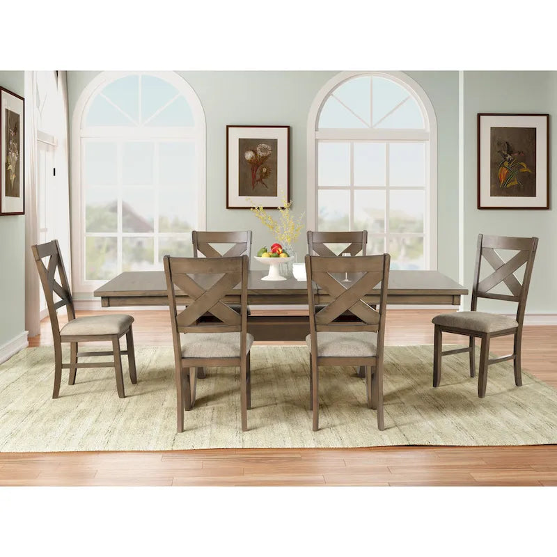 Roundhill Furniture Raven Wood 7-Piece Dining Set, Extendable Dining Table with 6 Chairs, Glazed Pine Brown