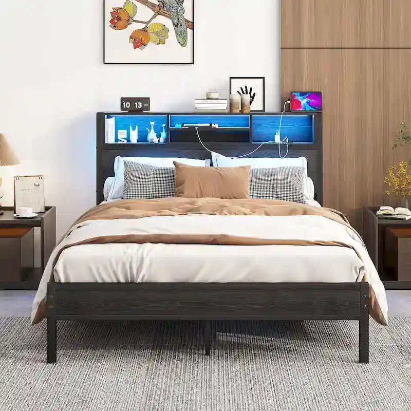 Full Size Metal Platform Bed with Storage Headboard and Charger