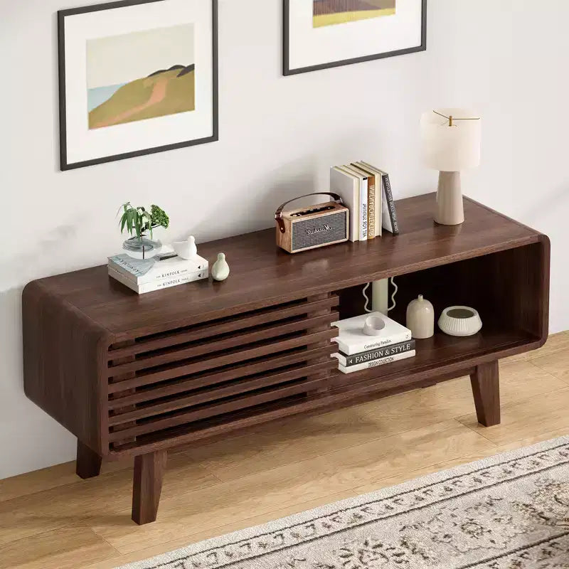 JVNOXK TV Stand for TV Up to 59 Inch, Entertainment Center with Storage Cabinet and Sliding Door, Mid-Modern Century Console Table for Living Room