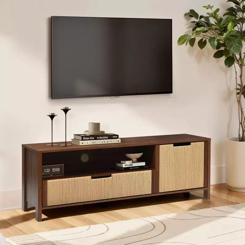 55 Walnut TV Stand for TVs up to 60, Woven Rope Door Panel, Small Media Console Cabinet with Drawer, Brown