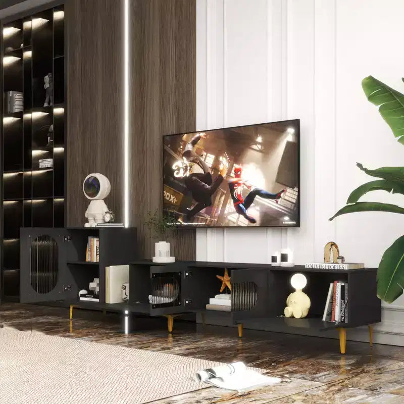 JVNOXK 85-inch Wooden Extendable TV Stand Rectangular Media TV Cabinet with Storage Space Suitable for Living Rooms and Bedrooms Black