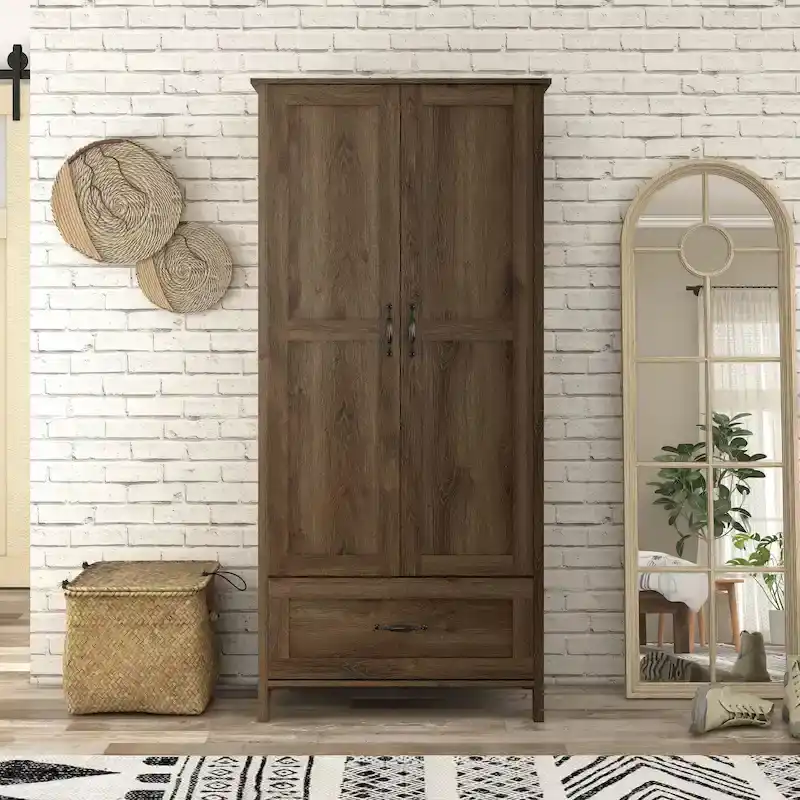 Rustic Distressed Walnut Wardrobe Closet, Double Doors + 1 Drawer, Clothes Rack, Minimalist
