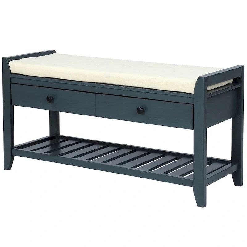 Wooden Storage Bench with Shoe Rack and Drawers