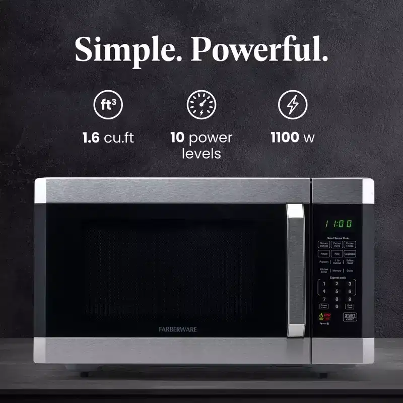 Farberware Professional 1.6 Cu. Ft. 1100-Watt Microwave Oven with Smart Sensor, Stainless Steel with Platinum