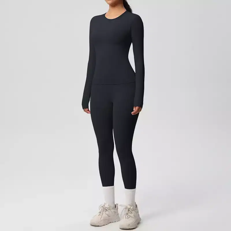 Anna-Kaci Active Women's Long Sleeve Crew Neck Top and High Waist Leggings Set with Slim Fit Design