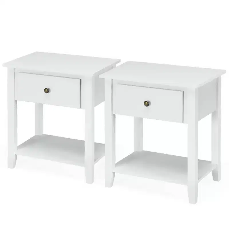 Costway 2PCS Nightstand Sofa End Side Table W/ Storage Drawer Bottom Shelf White