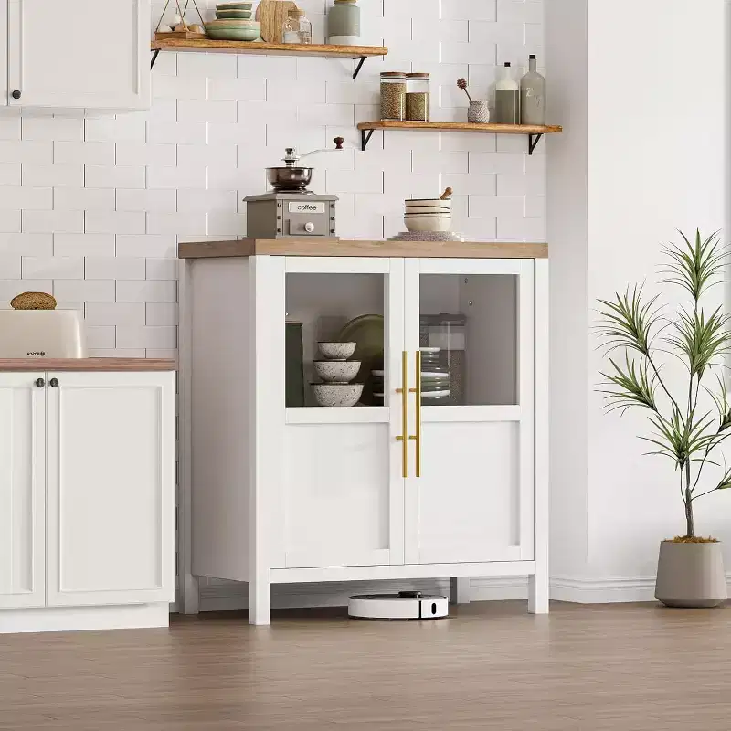 29 Farmhouse Sideboard: Glass Door Cabinet with Adjustable Shelves, Narrow Storage for Kitchen, Dining & Small Spaces (Pear Finish)