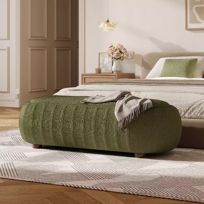Modern Wooden Boucle Upholstered Oval Ottoman