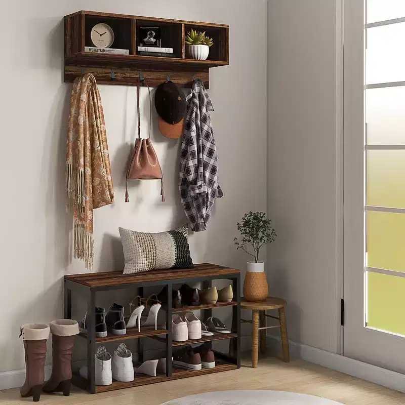 Hall Tree with 5 Hooks, Bench & Shoe Storage for Entryway – 2-in-1 Coat Rack