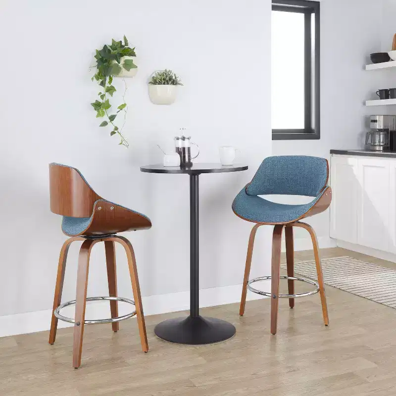 LumiSource Set of 2 Fabrizzi Counter Height Barstools Walnut/Blue : Upholstered Swivel, Kitchen-Compatible