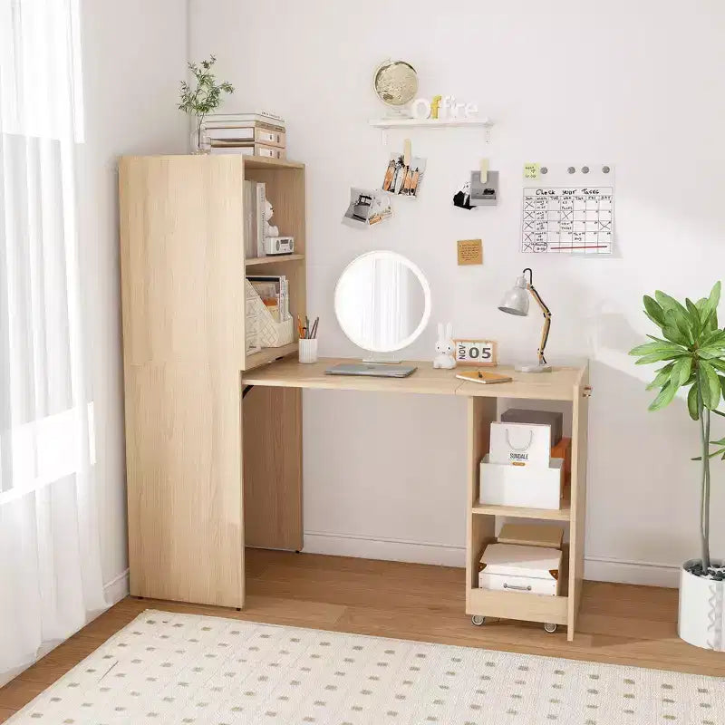 TUYOHW Stretchable Writing Desk,Foldable Home Office Desk with Storage Shelves and Wheels,Mobile Workstation for Small Apartments,Offices