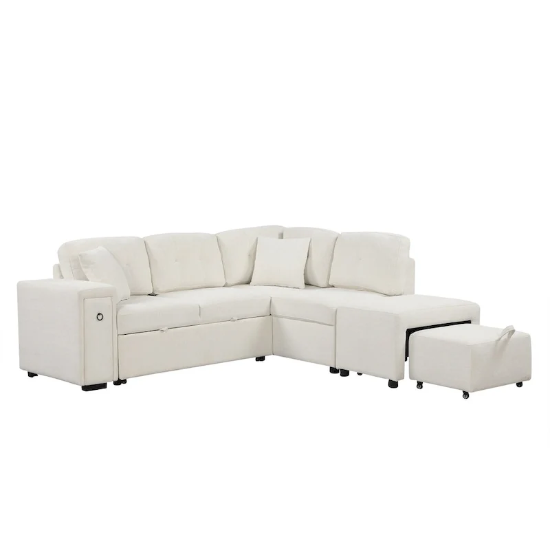 L-Shaped 4-Seat Sectional Sofa with Pull-Out Bed, Ottoman, USB Ports & Drop-Down Table