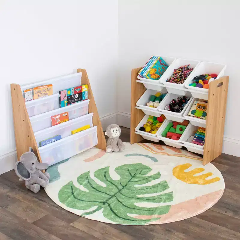 Kids' Toy Storage Organizer with 9 Plastic Storage Bins, Natural Wood/White
