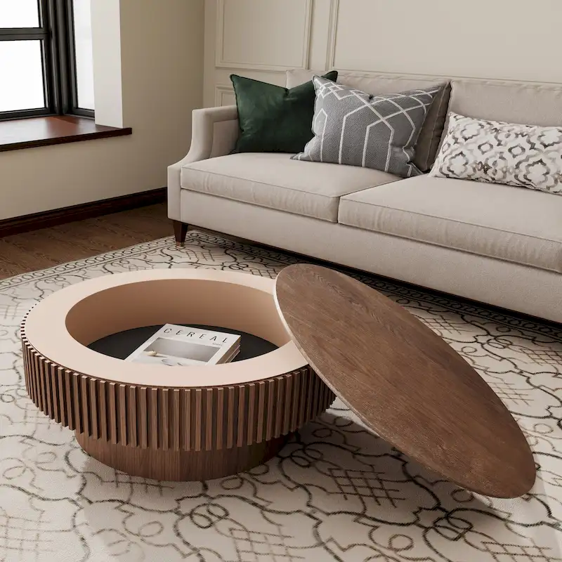 Modern Solid Wood Veneered Round Coffee Tea Table with Storage