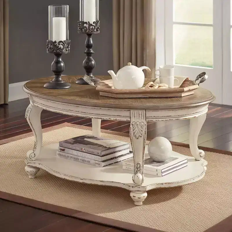 Realyn Coffee Table White/Brown - Signature Design by Ashley: Cottage Style, Distressed Wood Finish, Curved Legs