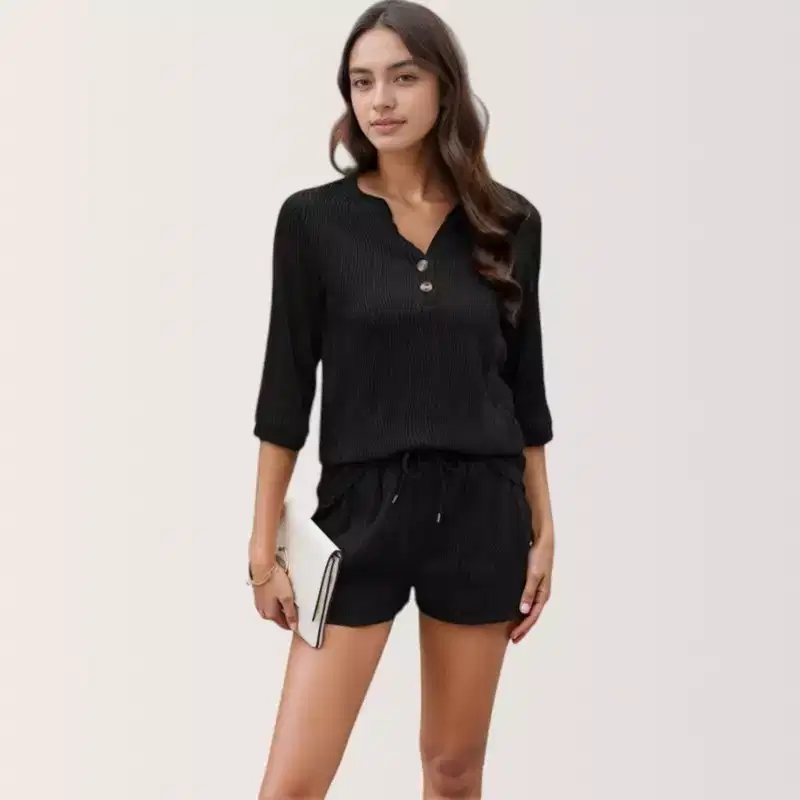 Anna-Kaci Lounge Women's Textured 3/4 Sleeve V-Neck Button Top and Drawstring Shorts Two-Piece Lounge Set