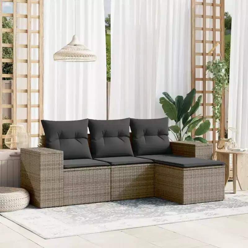 vidaXL 4 Piece Patio Sofa Set with Cushions Gray Poly Rattan