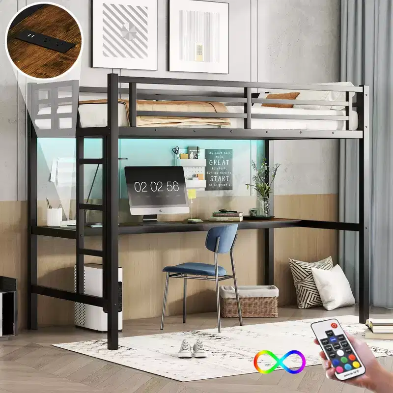 Metal Twin XL Size Loft Bed with Power Outlet and LED Lighted Space-Saving Noise Reduced Black