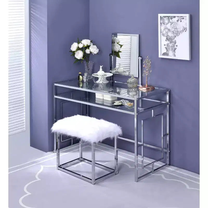 Acme Furniture Carenze Ii Vanity Table White Faux Fur/Chrome Finish