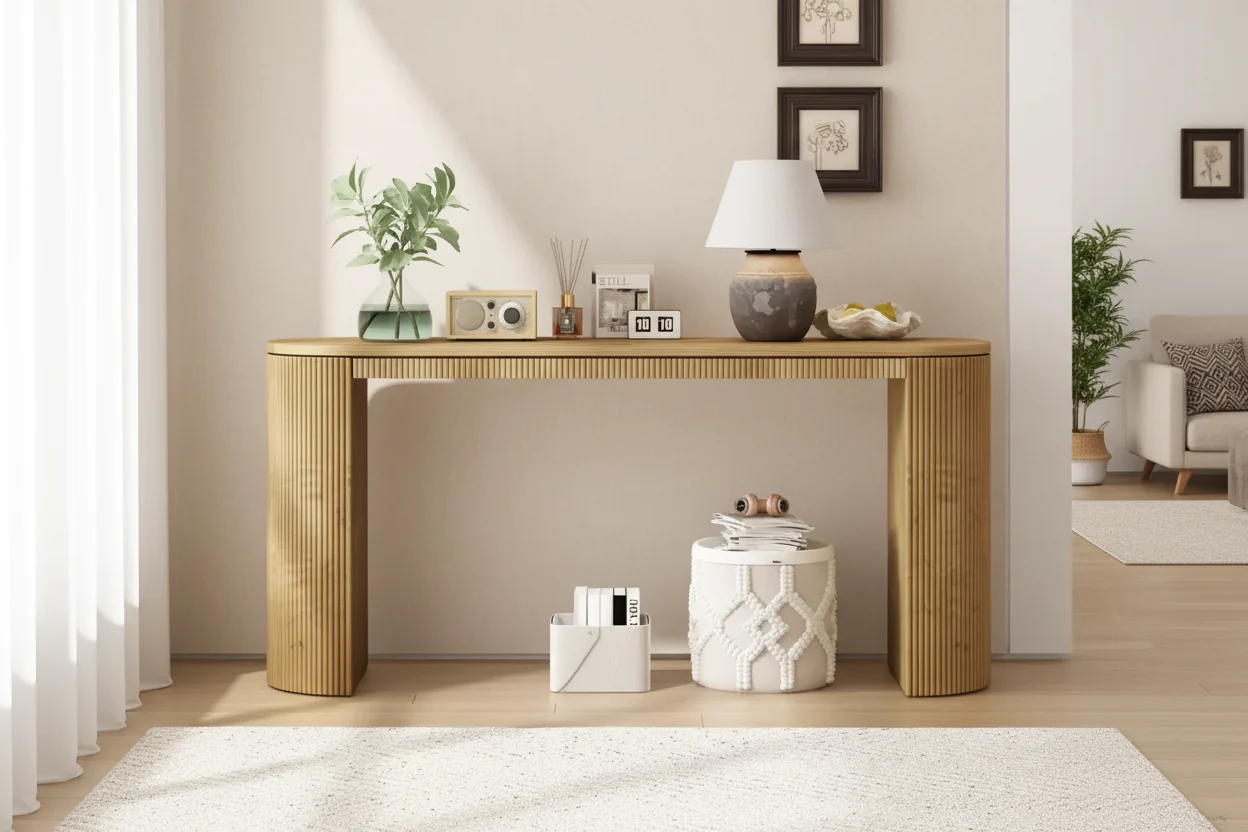 Modern Console Table with Curved Legs, Vertical Stripe Entryway Table with Thick Tabletop, Narrow Console Table for Living Room, Entrance