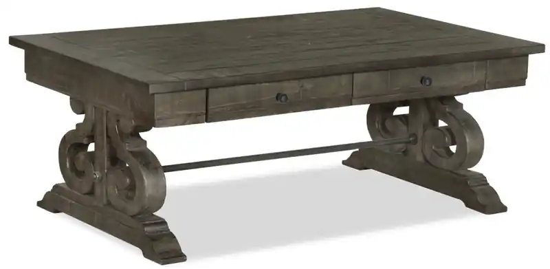50 Traditional Coffee Table with Storage - Dark Brown Pine with Scroll Design Wood Base