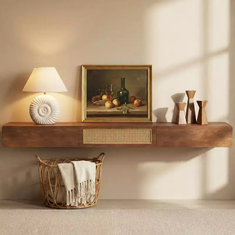 Luck Live Farmhouse 78.74 Inch Floating TV Stand Wall Mounted Media Console with Rattan Door and Drawer Walnut Color