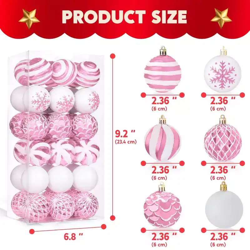 Joyfy Christmas Ornaments, Christmas Tree Decorations Indoor, 36ct Pink and White 2.3 Shatterproof Hanging Balls for Tree & Wreath Xmas Decor