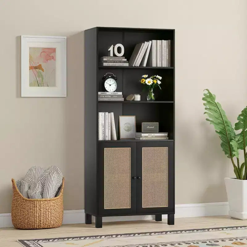 5-Shelf Tall Bookcase with Rattan Doors, Black, for Home Office & Bedroom