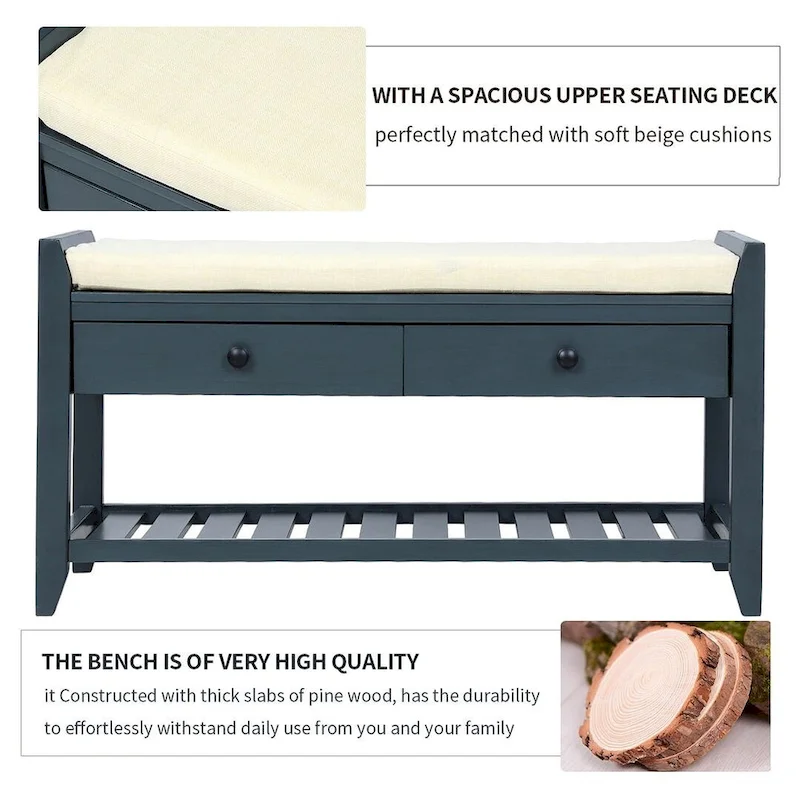 Wooden Storage Bench with Shoe Rack and Drawers