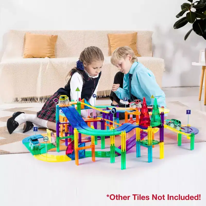 PICASSO-TILES Magnetic Race Track Expansion Set for Kids  12PCS STEM Construction Building Blocks Add-On Toy with Racing Ramp