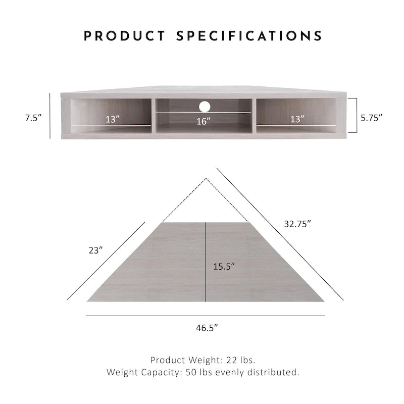 47 Corner Floating TV Stand, 3 Shelves, Transitional Style, Space-Saving Wall Mount