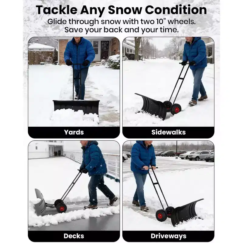 29 Heavy-Duty Snow Pusher Shovel with Wheels, Snow Pusher Hand Plow for Snow Removal, 5 Level Adjustable Handle & 5-Position Angled Blade