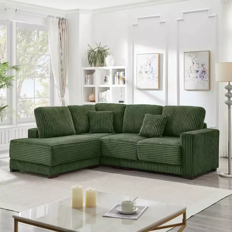 MAYEERTY 93 Sectional Sofa L Shaped Sofa Couch with Reversible Chaise Lounge Upgolstered Soft Curduroy Couch for Living Room Green