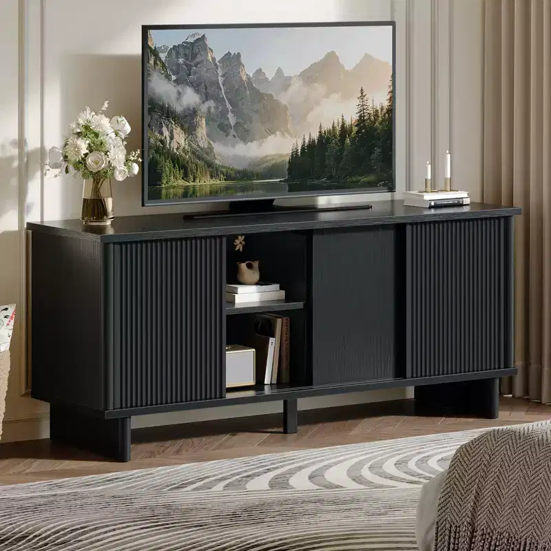 Bestier 58 TV Stand for 45/55/60/65 TV, Mid-Century TV Cabinet with Sliding Doors, TV Media Console with Storage for Living Room & Bedroom