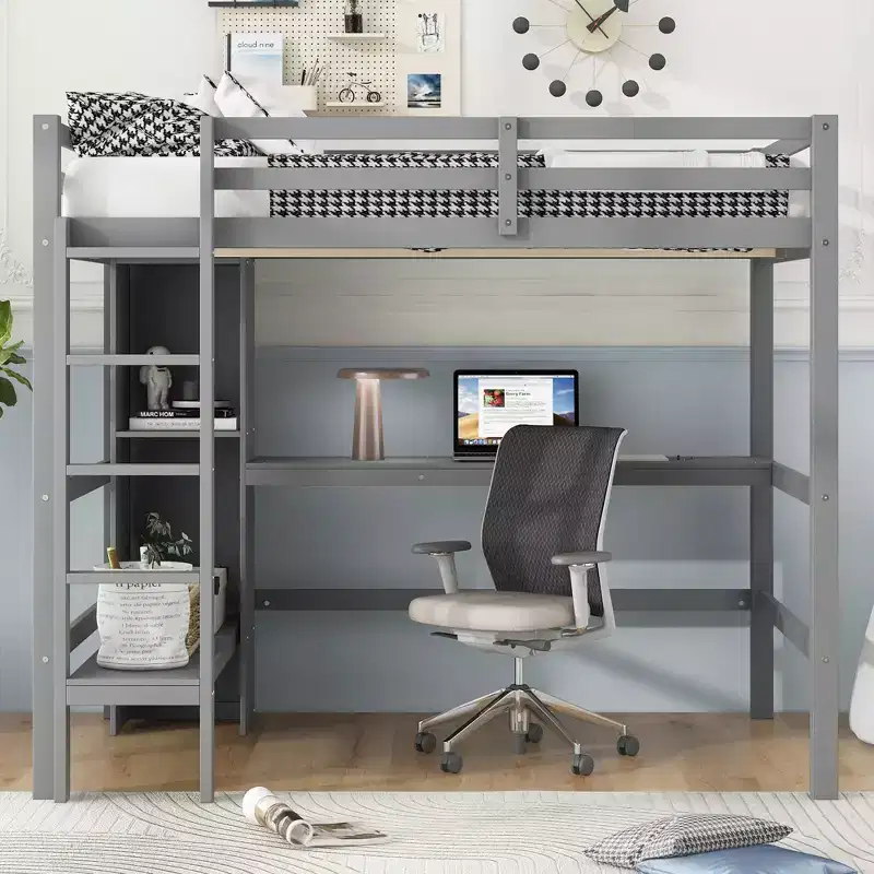 Whisen Full Size Loft Bed with Multifunction Shelves and Under-bed Desk