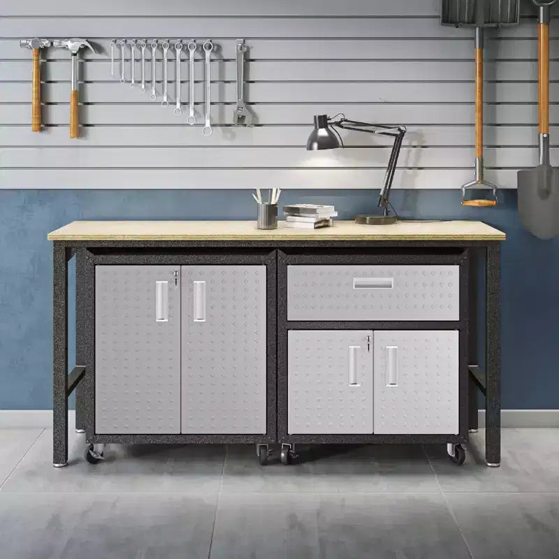 Manhattan Comfort Fortress 3pc Mobile Space Saving Garage Cabinet and Worktable Set 2.0 Gray: Lockable Storage, Adjustable Shelves, Casters